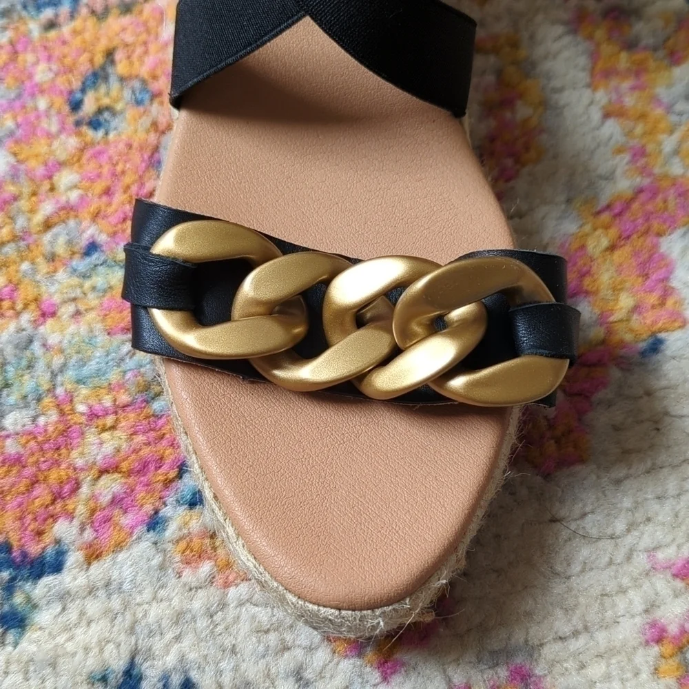 Maypol Leather Chunky Chain Strappy Open Toe Espadrille Wedge Sandals Black 40